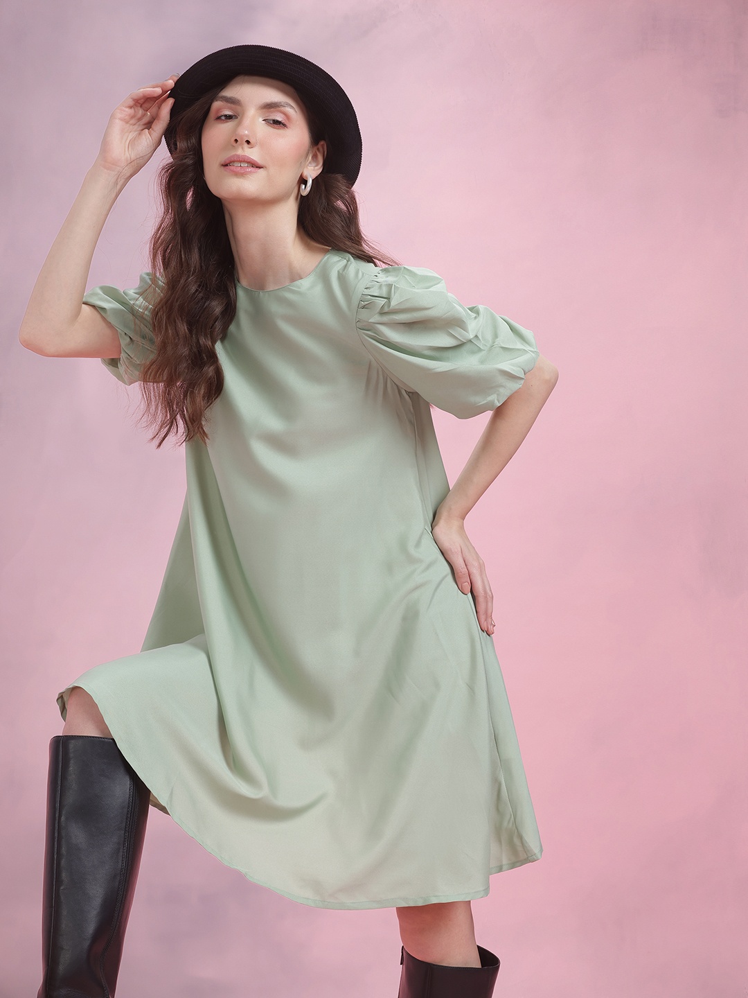 

DressBerry Puff Sleeve A-Line Dress, Green