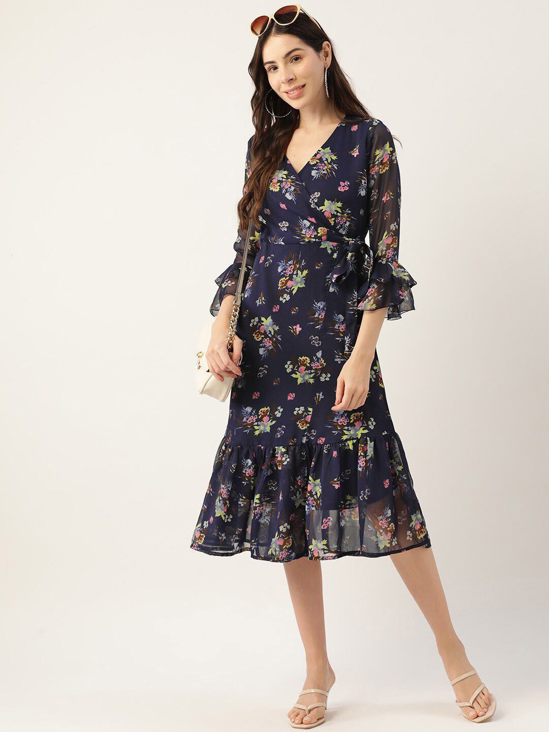 

DressBerry Floral Print Bell Sleeve Georgette A-Line Midi Dress, Navy blue