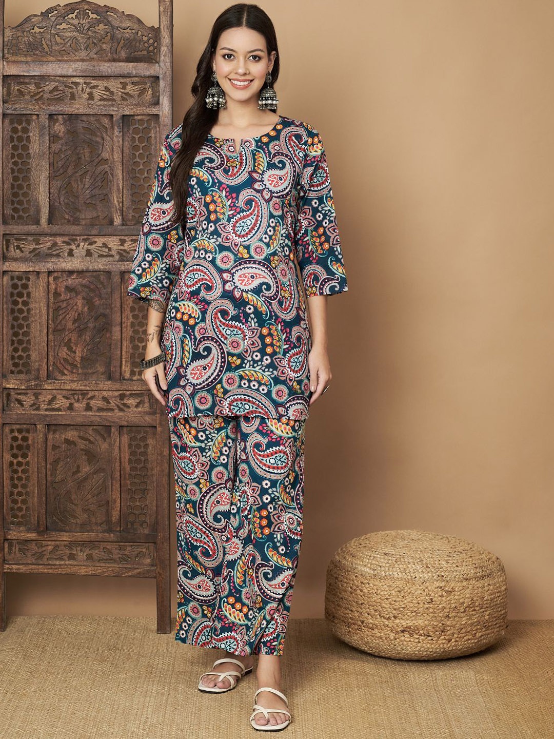 

COTNUF Printed Pure Cotton Top With Trouser Co-Ords, Blue