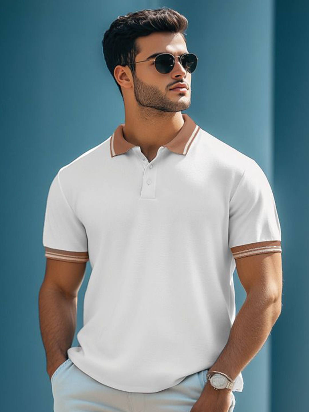 

VEIRDO Men Solid Polo Collar Cotton T-shirt, White