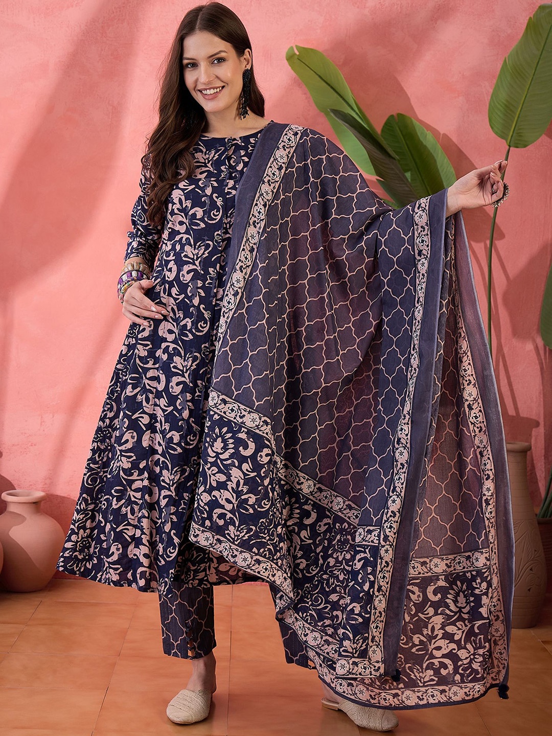 

RangDeep Floral Printed Round Neck Pure Cotton A-Line Kurta With Trousers & Dupatta, Blue
