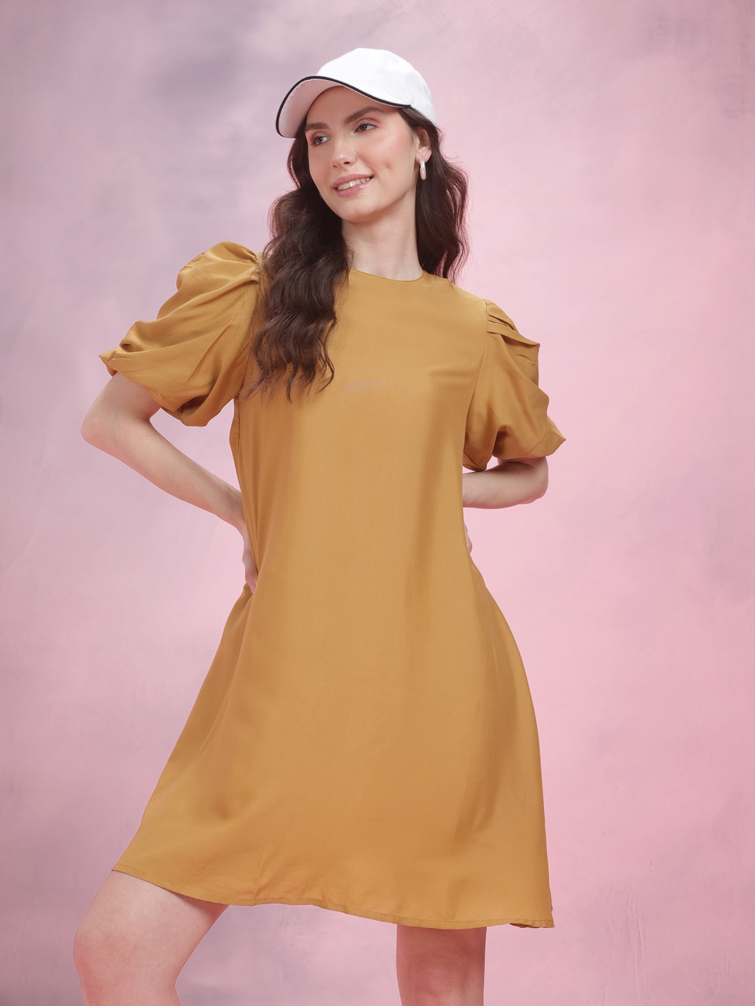 

DressBerry Puff Sleeve A-Line Dress, Mustard