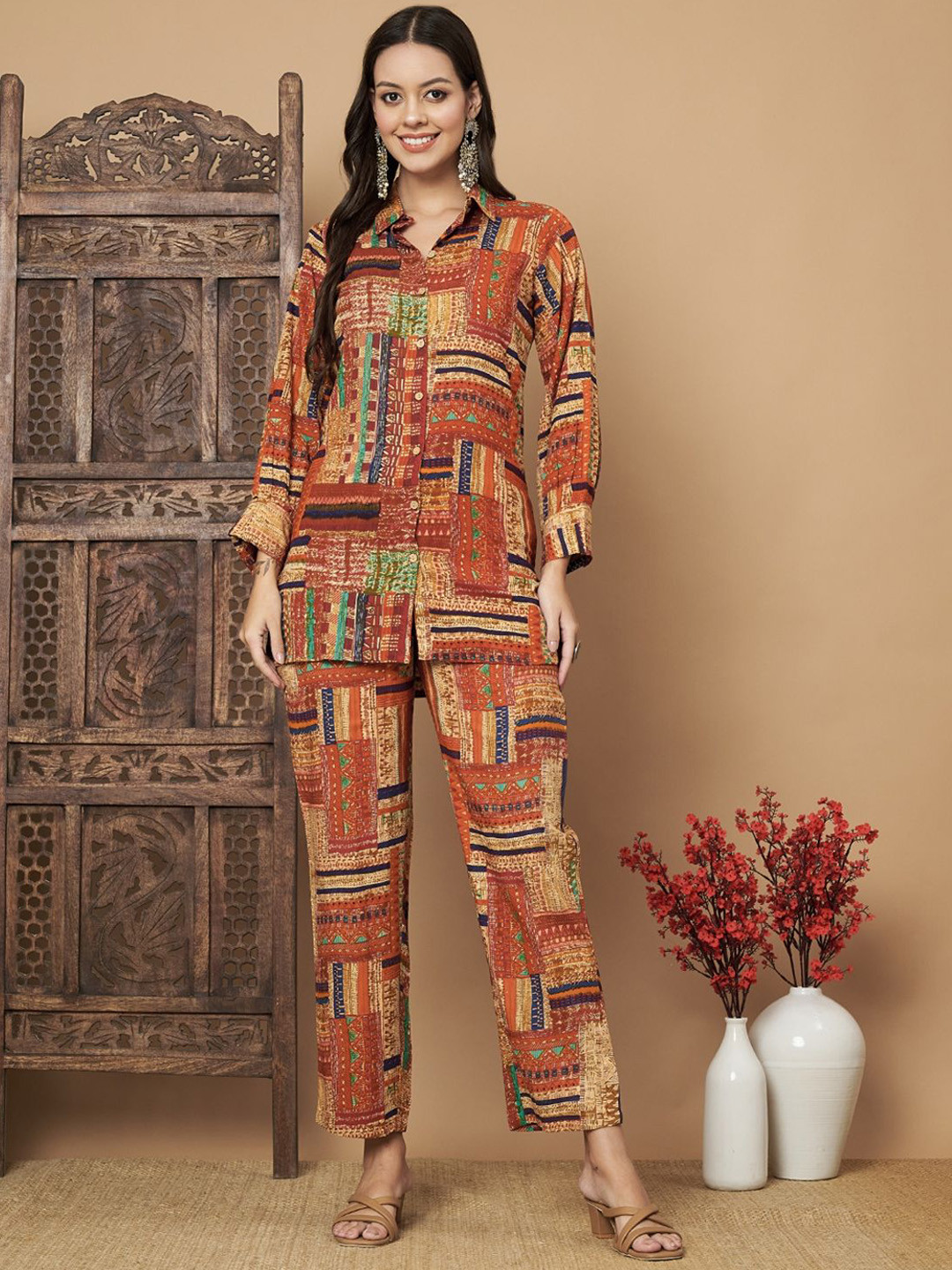 

COTNUF Printed Shirt Collar Neck Shirt With Trousers Co-Ords, Brown