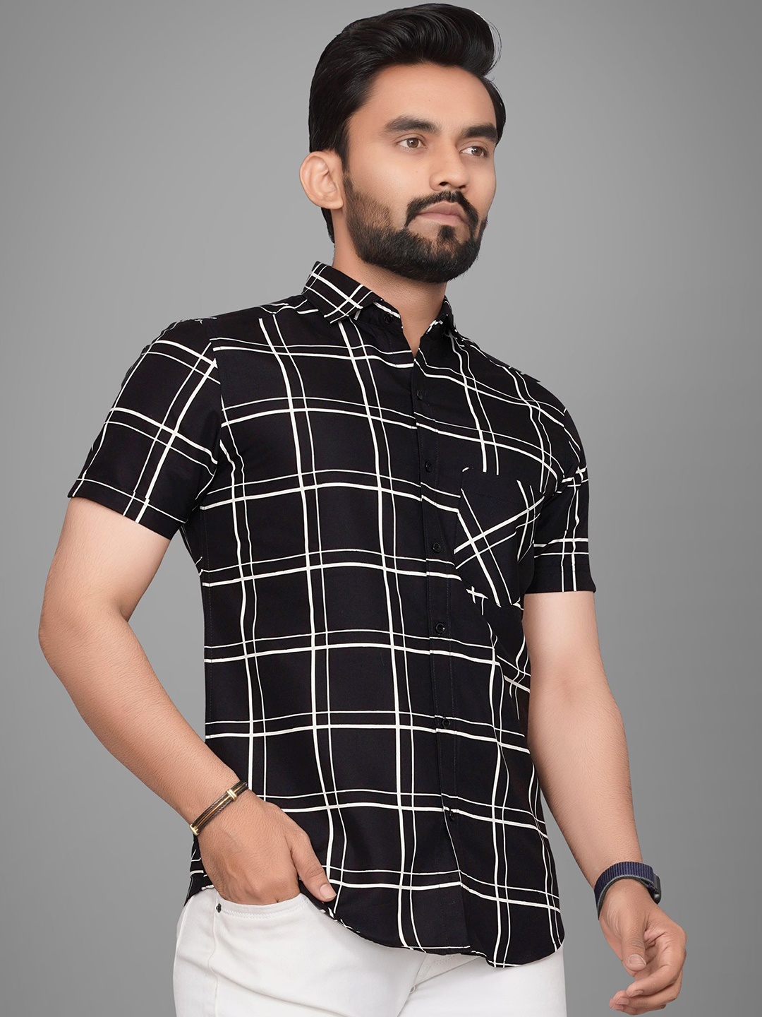 

Metronaut Men Windowpane Checks Semi Sheer Checked Casual Shirt, Black