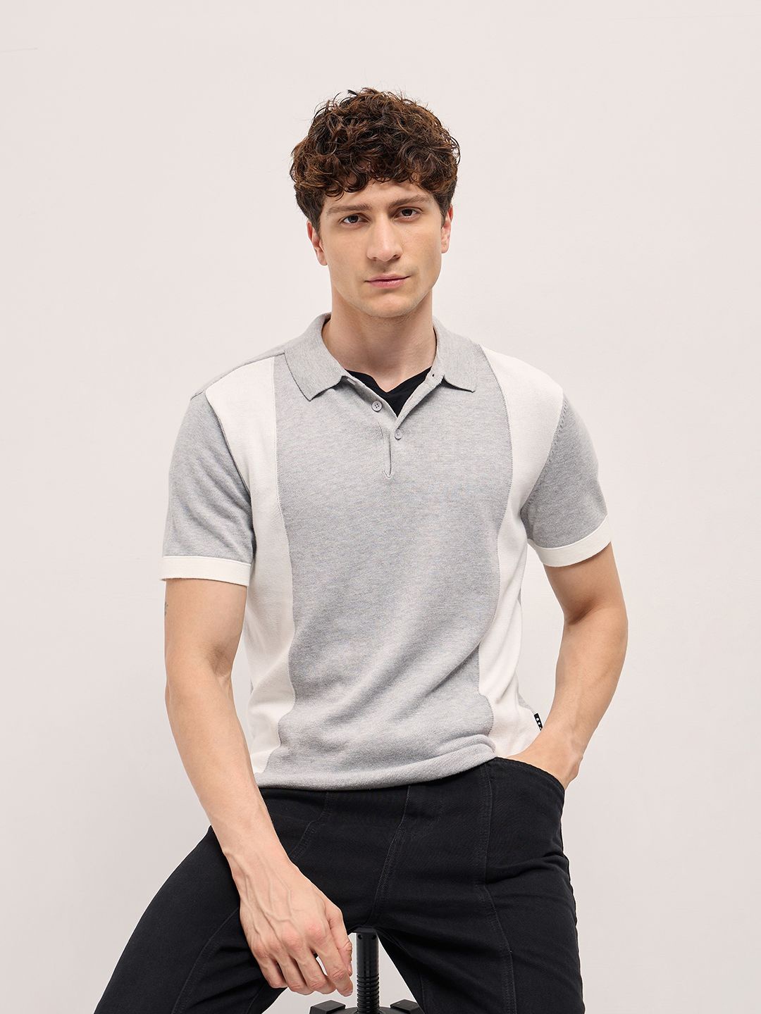 

THE BEAR HOUSE Men Regular Fit Striped Polo Collar Cotton T-shirt, Grey