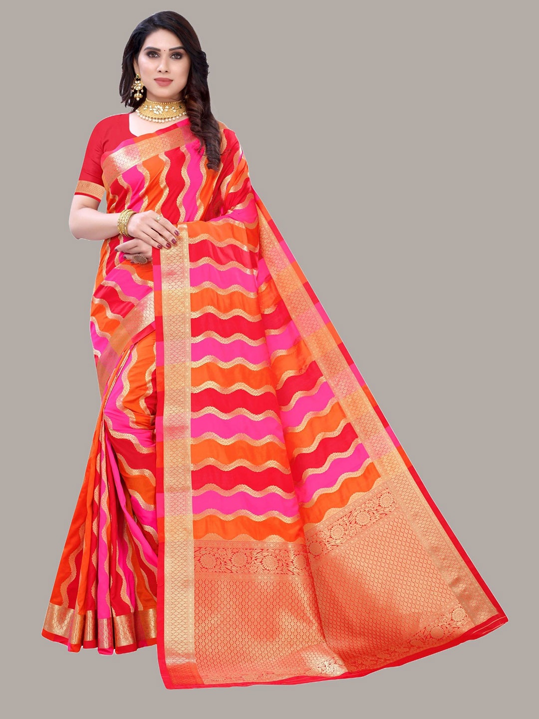 

DIVASTRI Leheriya Zari Silk Blend Designer Banarasi Saree, Red