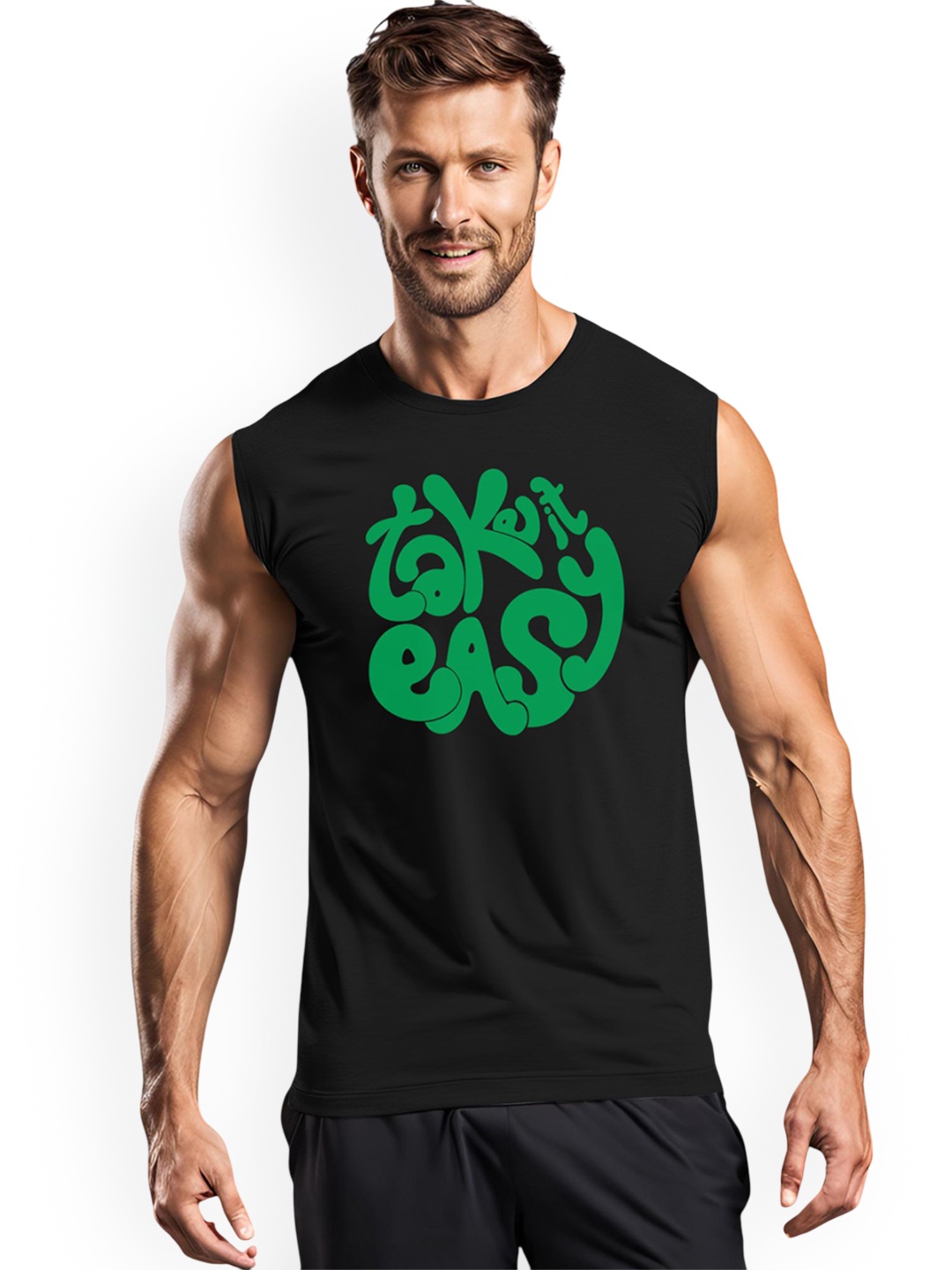 

3Colors Printed Round Neck Gym Vests VEST-CCUT-TAKEITEASY-BLK_M, Black