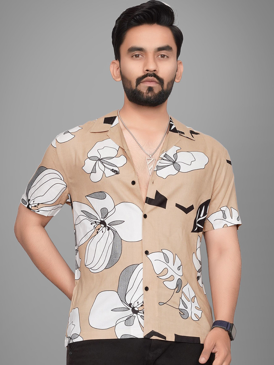 

Metronaut Men Regular Fit Cuban Collar Floral Printed Casual Shirt, Khaki