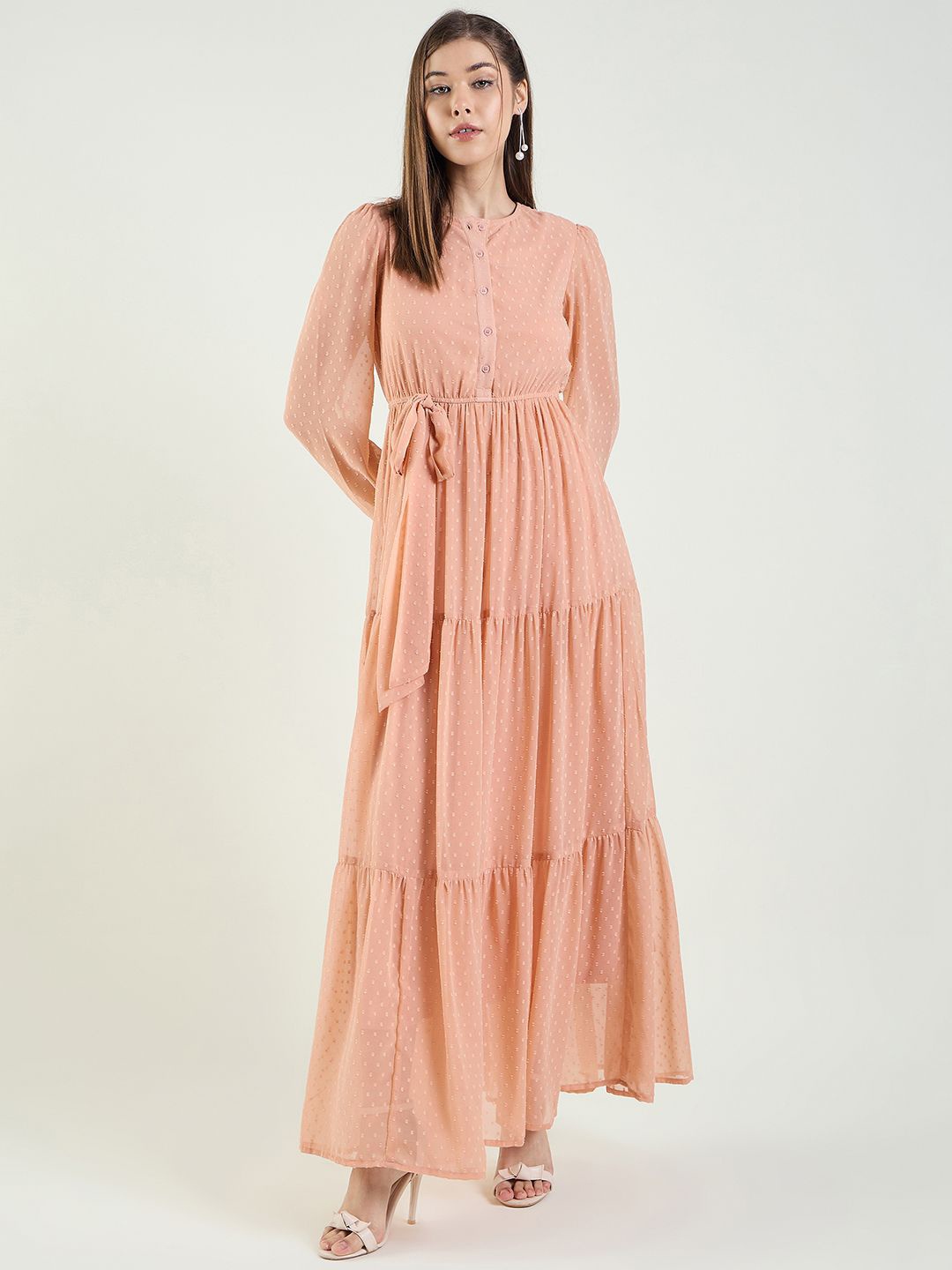 

aayu Puff Sleeve Georgette Tiered Fit and Flare Maxi Dress With Tie-Ups, Peach