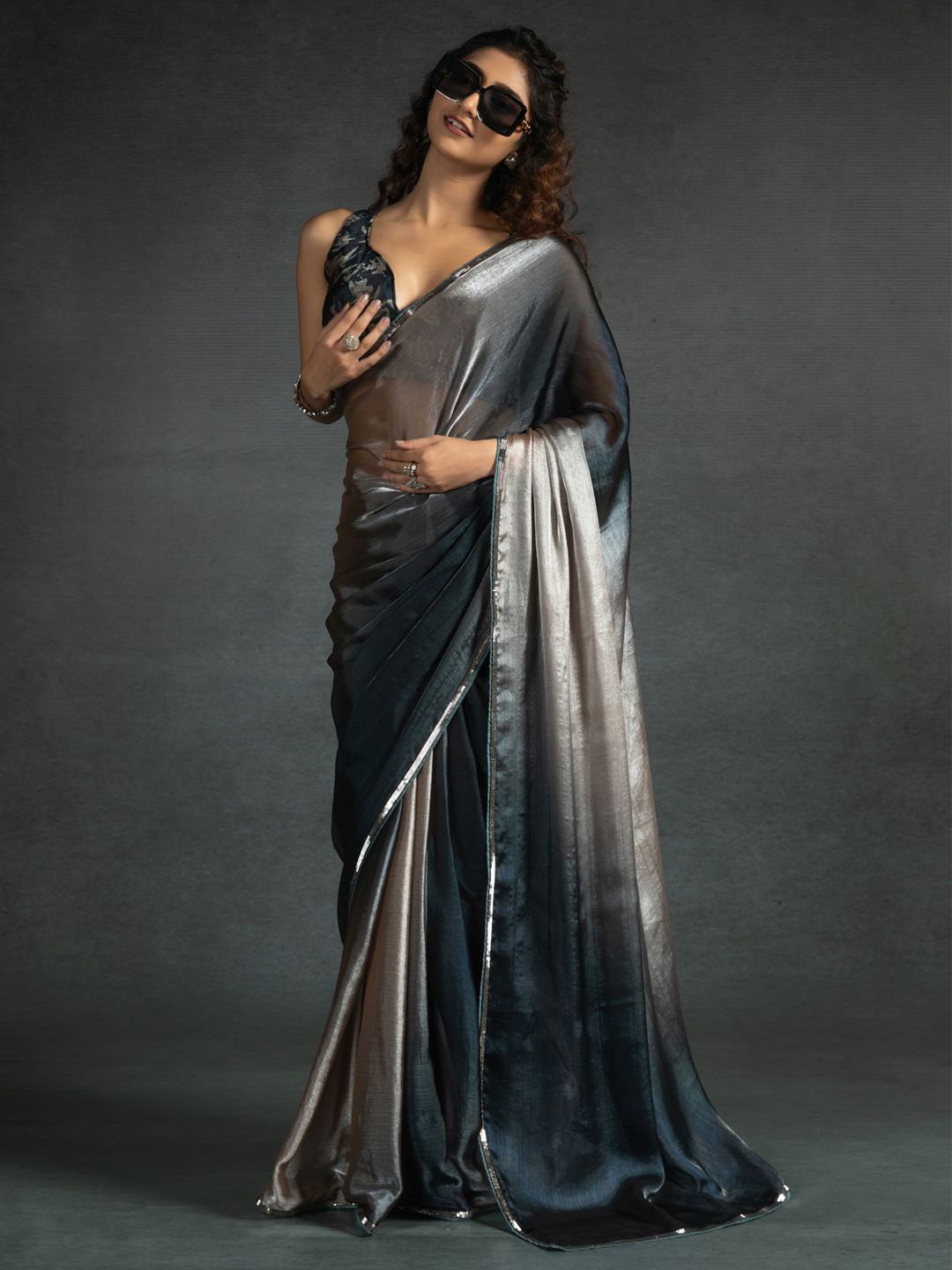

Saree mall Ombre Satin Ready to Wear Sarees, Grey