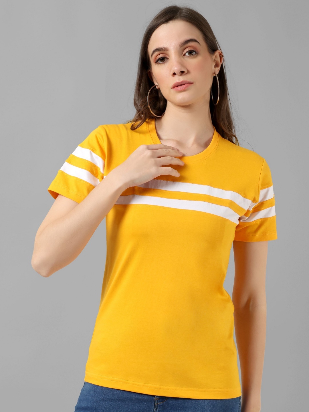 

Metronaut Women Striped Round Neck Cotton T-shirt, Mustard