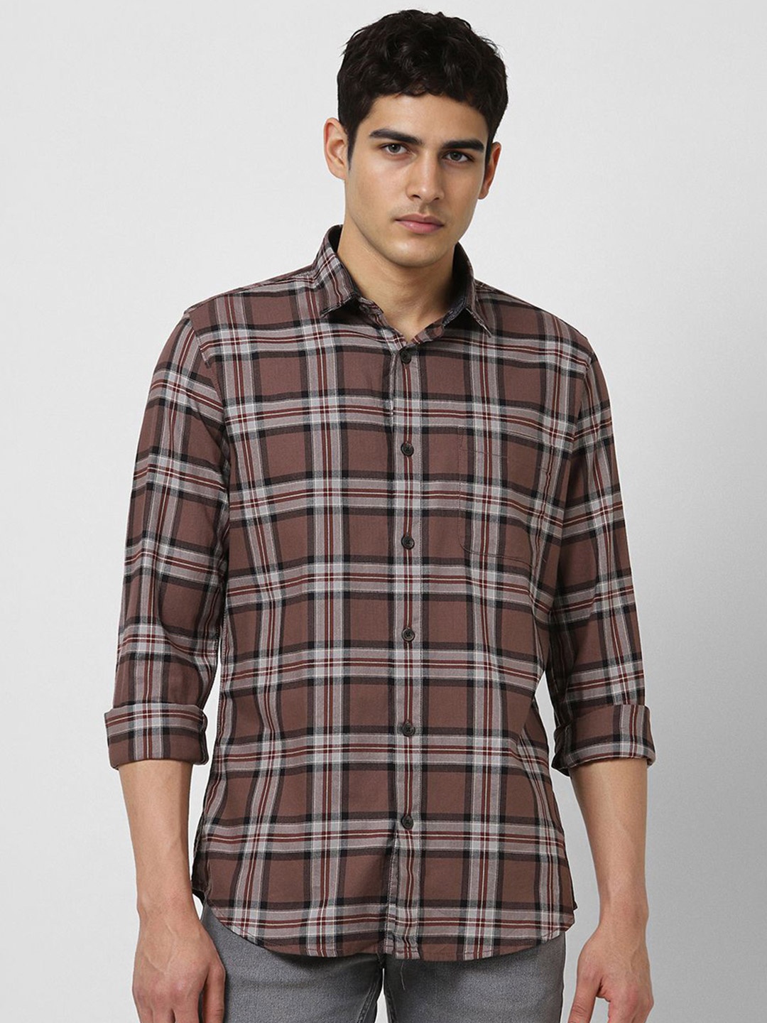 

VAN HEUSEN DENIM LABS Men Spread Collar Tartan Checked Cotton Casual Shirt, Brown