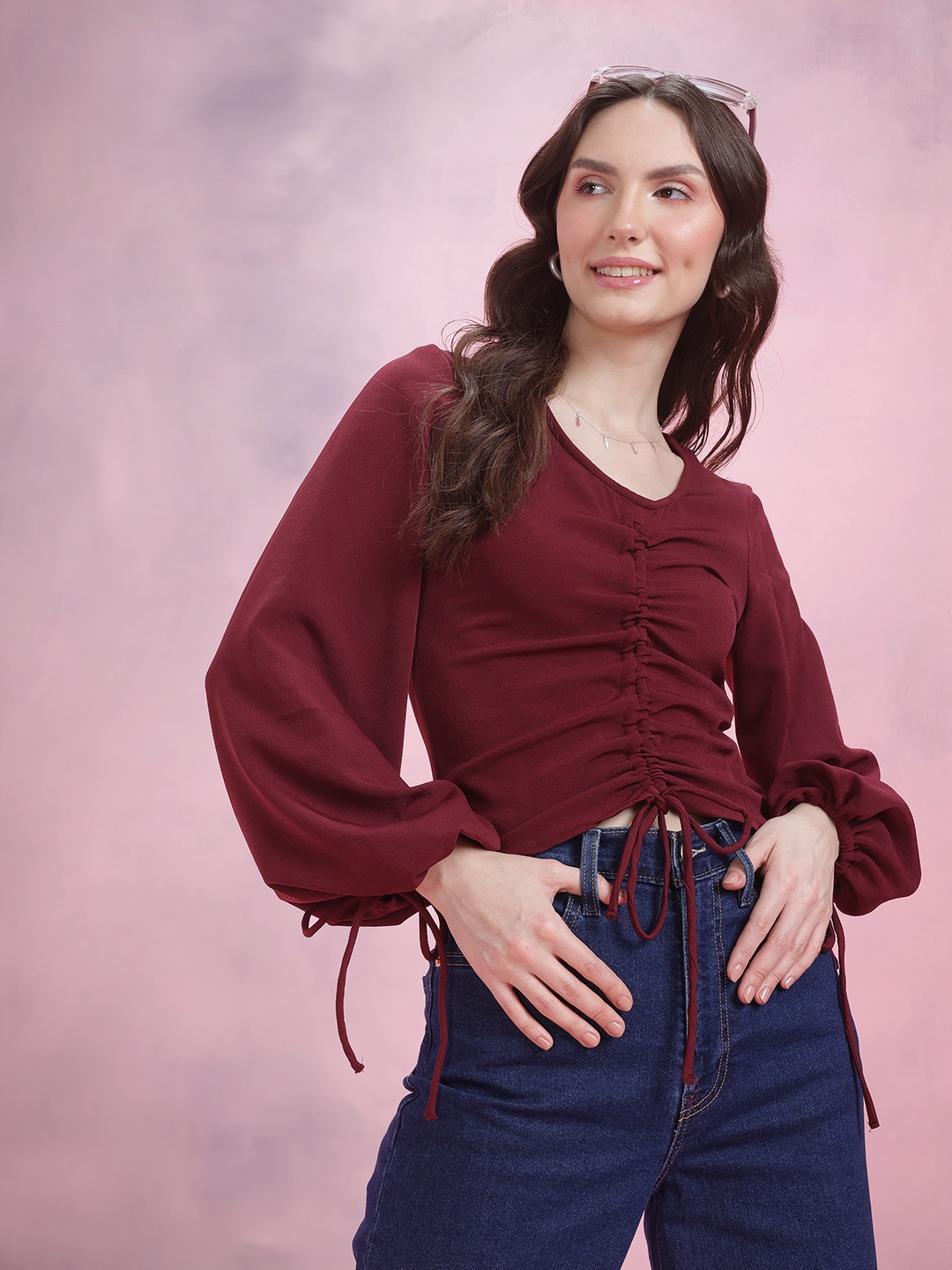 

DressBerry Ruched Puff Sleeve Top, Maroon