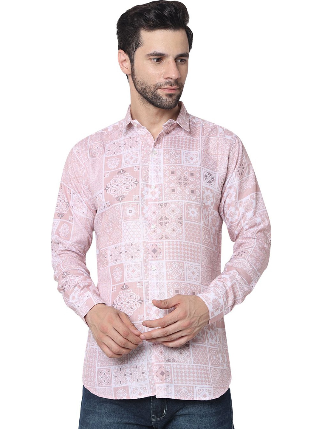 

iCome Men Spread Collar Floral Printed Casual Shirt, Pink