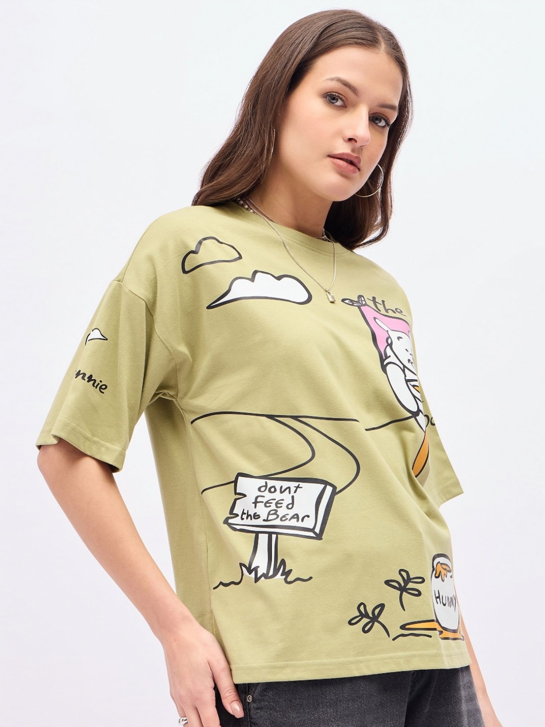 

DressBerry Women Graphic Printed Round Neck Cotton Oversized T-shirt, Olive