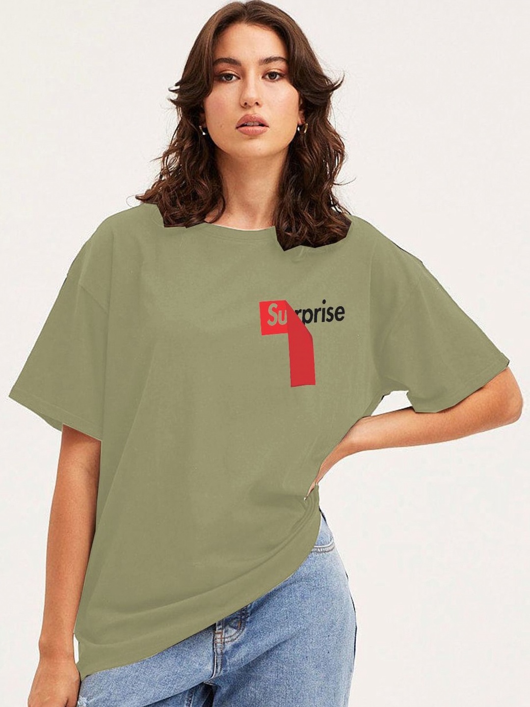 

Moda Rapido Women Typography Printed Round Neck Cotton Oversized T-shirt, Olive