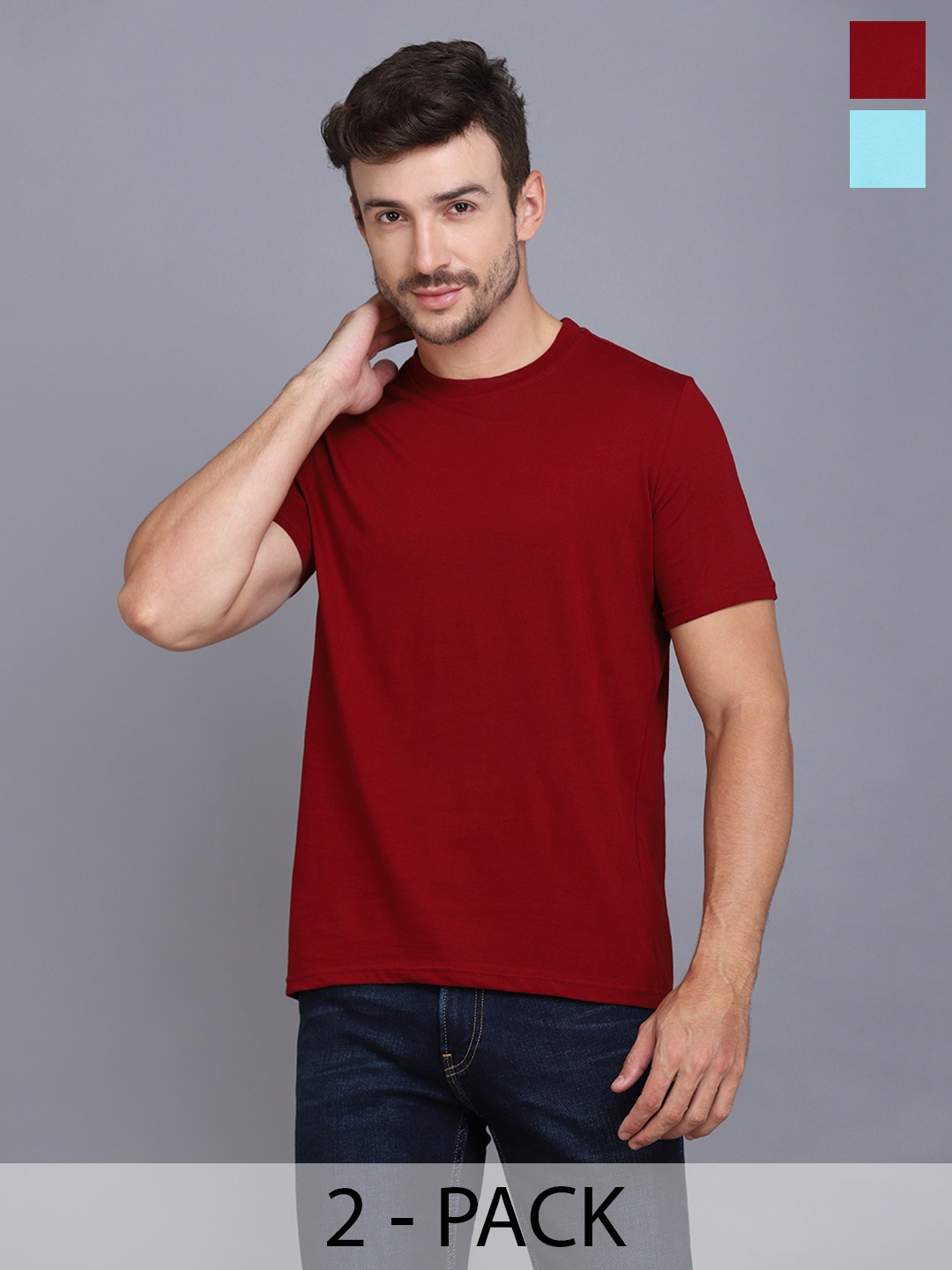 

WOOSTRO Men Solid Round Neck Cotton Slim Fit T-shirt, Maroon