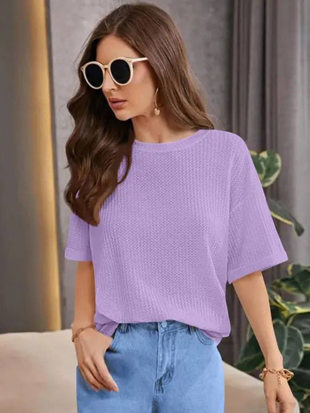 

SRISARAS Women Self Design Round Neck Cotton Relaxed Fit T-shirt, Lavender