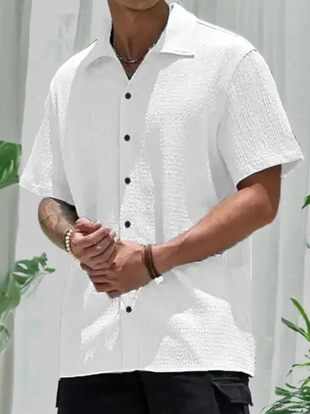 

iCome Men Spread Collar Textured Cotton Linen Casual Shirt, White