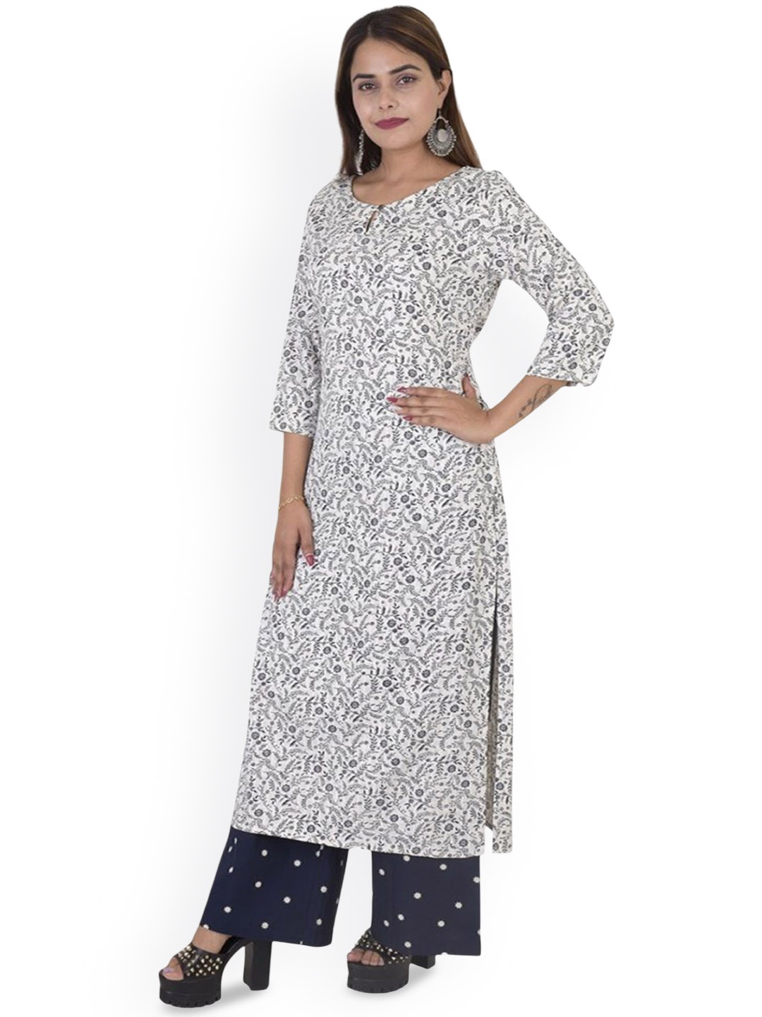 

KHUSHIBA Floral Printed Keyhole Neck Pure Cotton Kurta, Grey