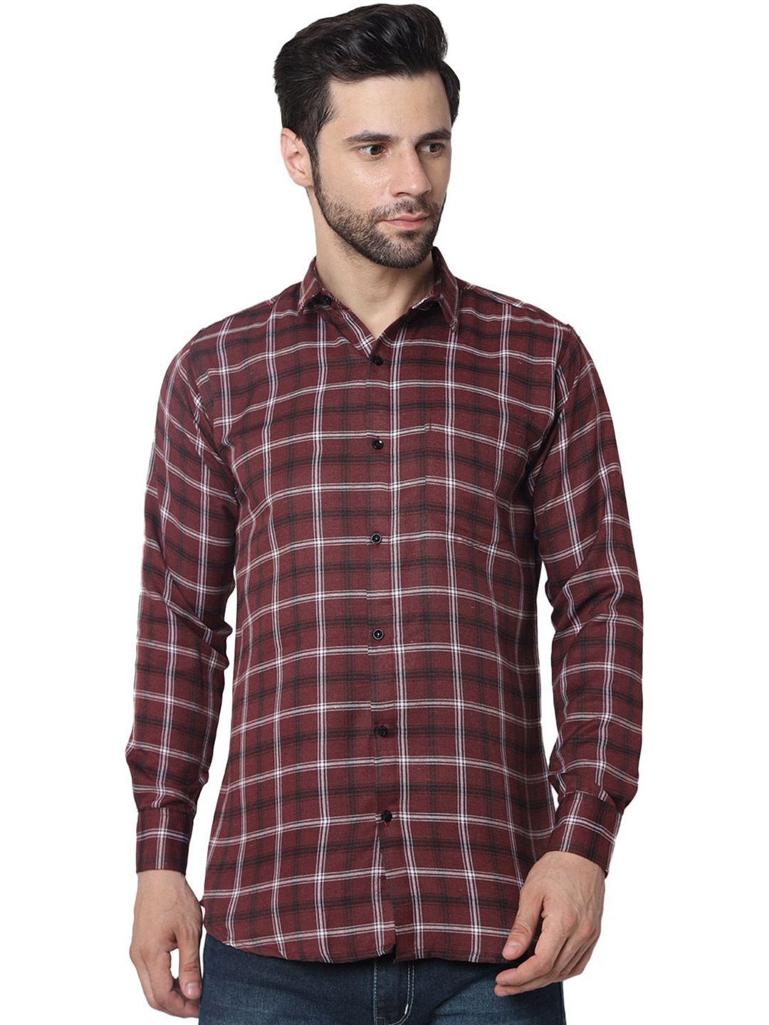 

iCome Men Spread Collar Checked Casual Shirt, Maroon