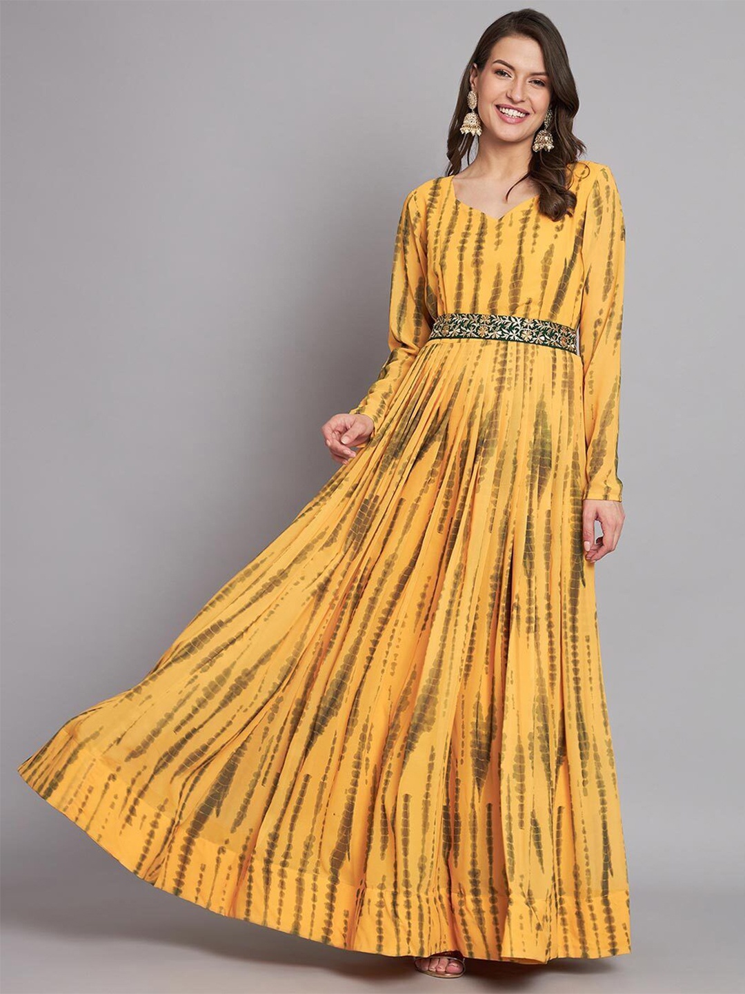 

Krunal Raiyania Women Tie and Dye Cotton Gown Maxi Dress With Belted, Yellow