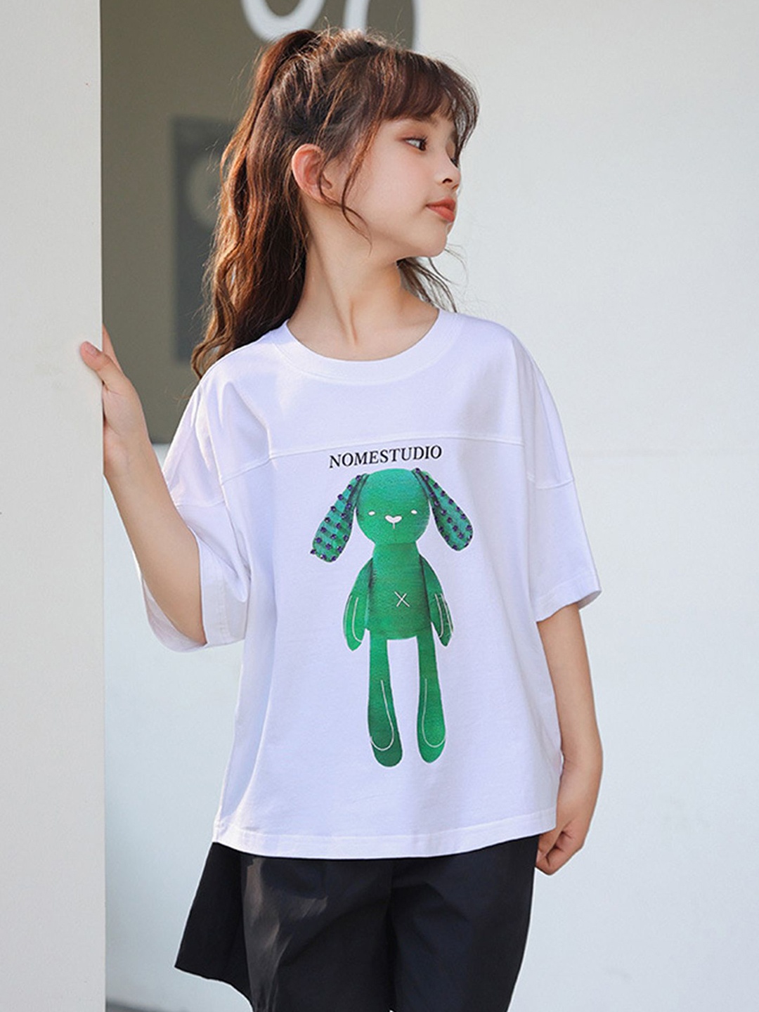 

LULU & SKY Girls Graphic Printed Round Neck Cotton Oversized T-shirt, White