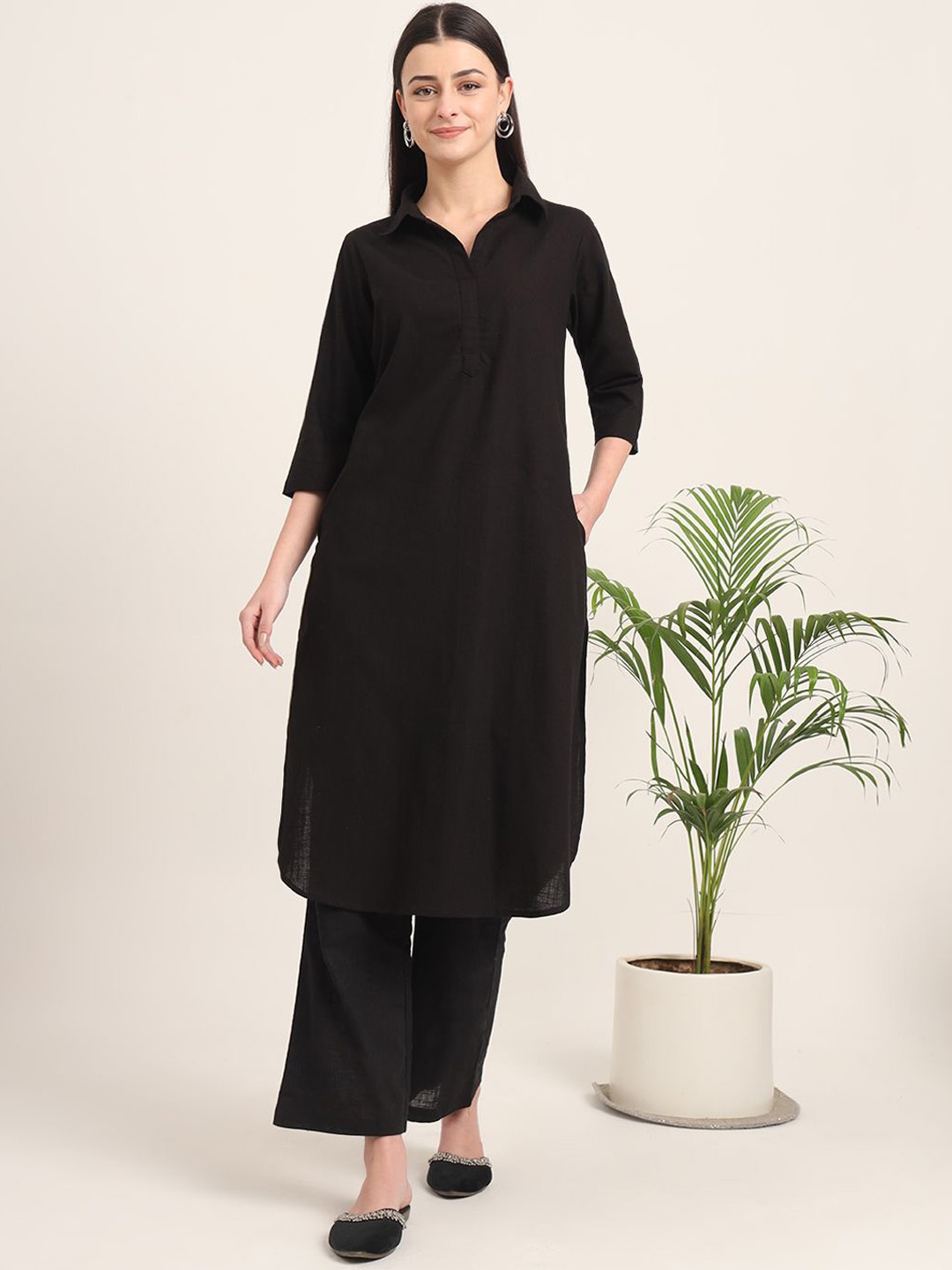 

Thevasa Shirt Collar Pure Cotton Tunic With Trousers, Black