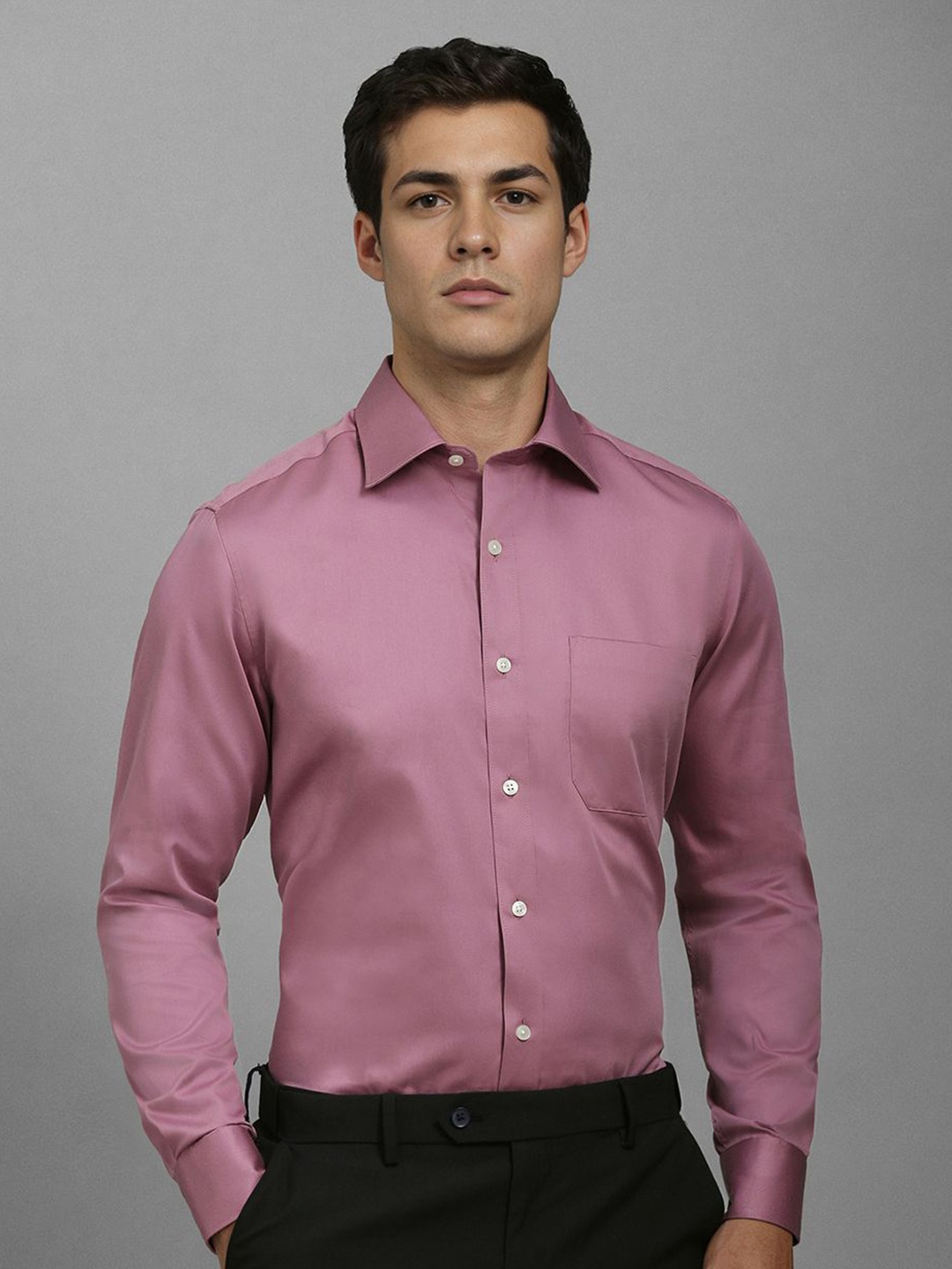 

Louis Philippe Men Slim Fit Spread Collar Solid Cotton Casual Shirt, Mauve