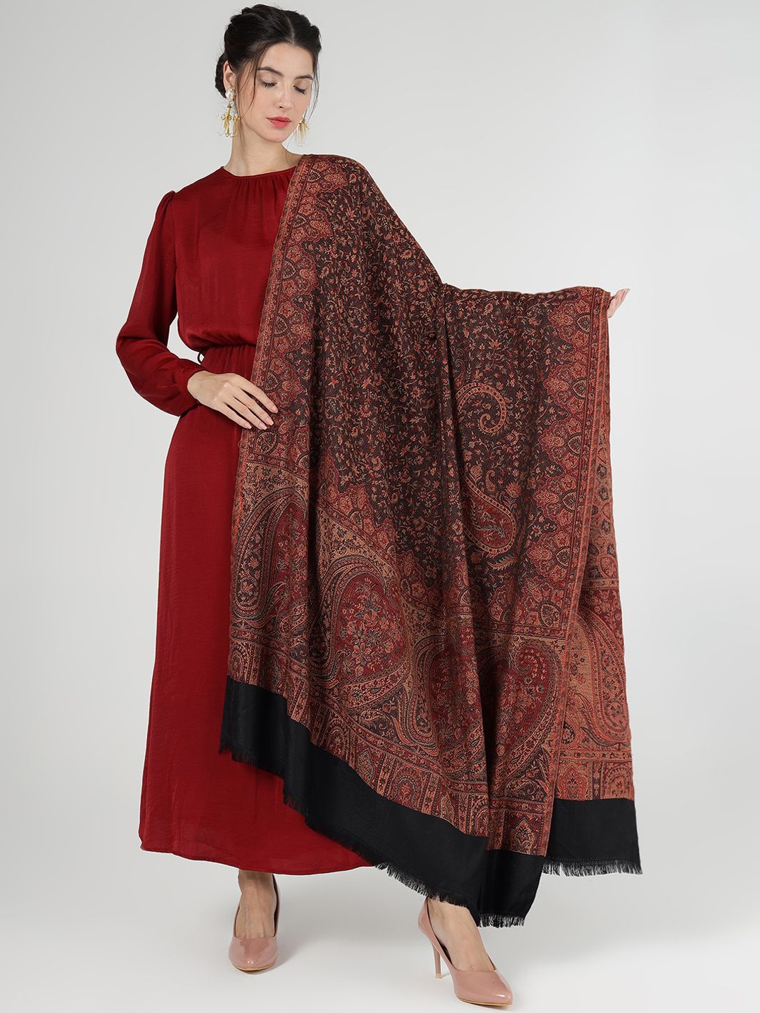 

PASHMAL INDIA PRIVATE LIMITED Floral Woven Design Woolen Shawl, Brown