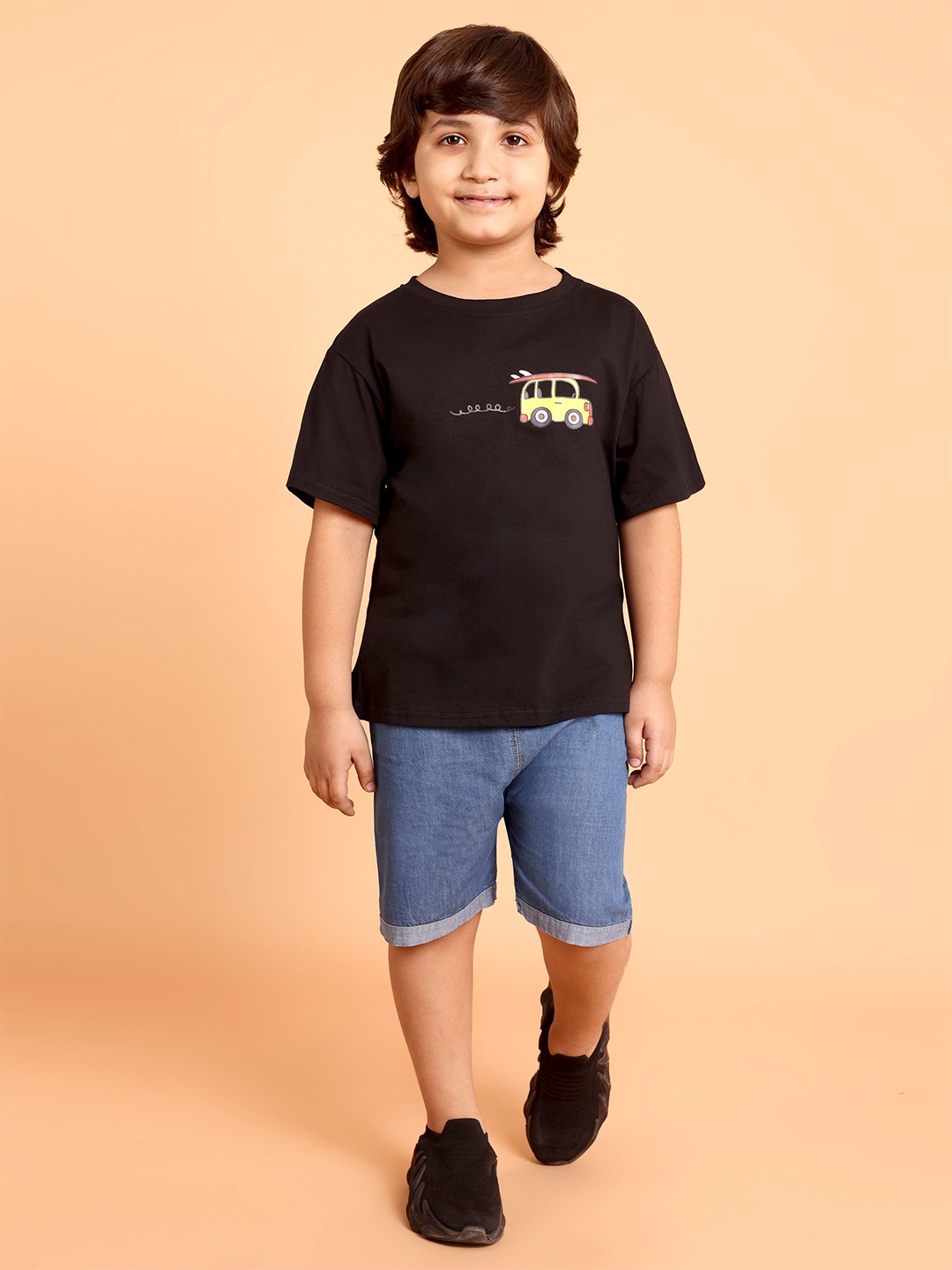 

HERE&NOW Boys Printed Round Neck Pure Cotton T-Shirt With Shorts, Black