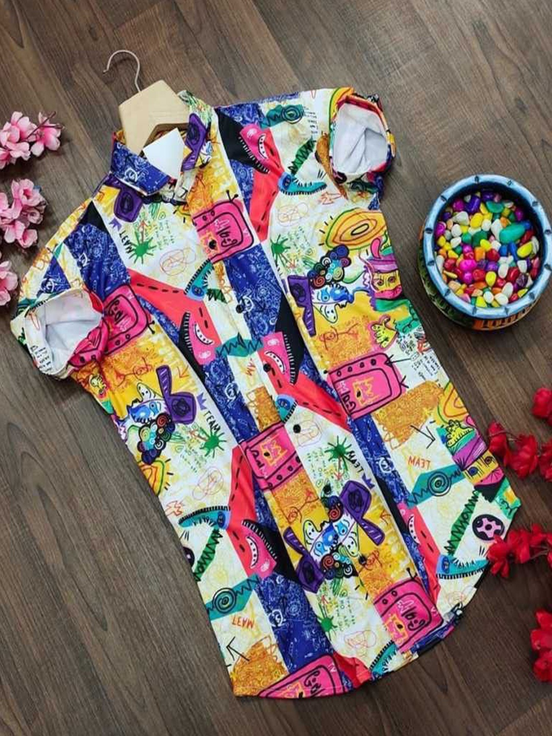 

iCome Men Spread Collar Graphic Printed Cotton Linen Casual Shirt, Yellow