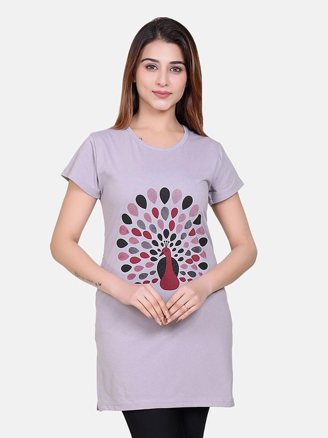 

Divine Graphic Printed Round Neck Cotton Top, Grey