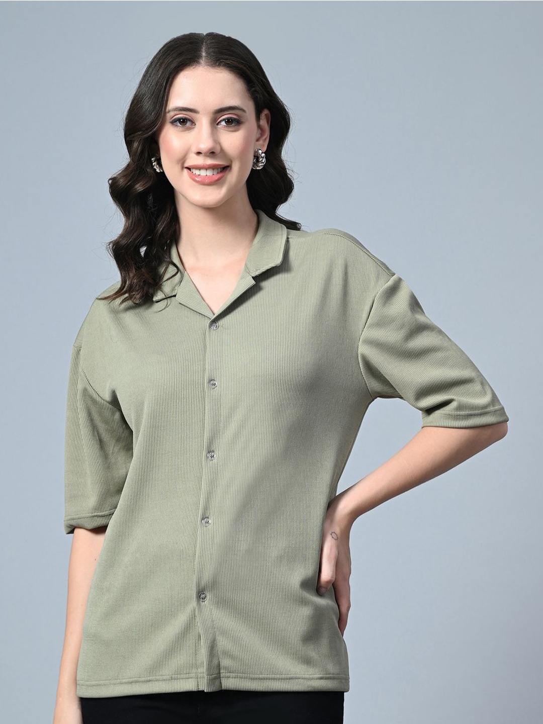 

Moda Rapido Women Relaxed Fit Cuban Collar Vertical Striped Casual Shirt, Olive