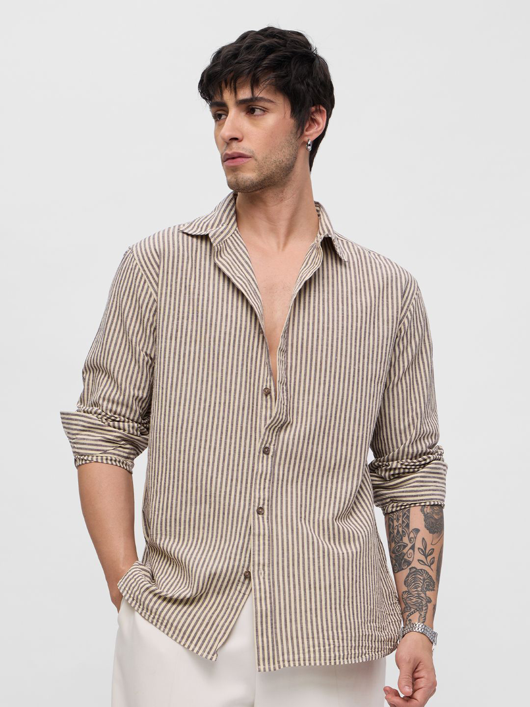 

The Souled Store Men Relaxed Fit Spread Collar Vertical Striped Cotton Casual Shirt, Beige