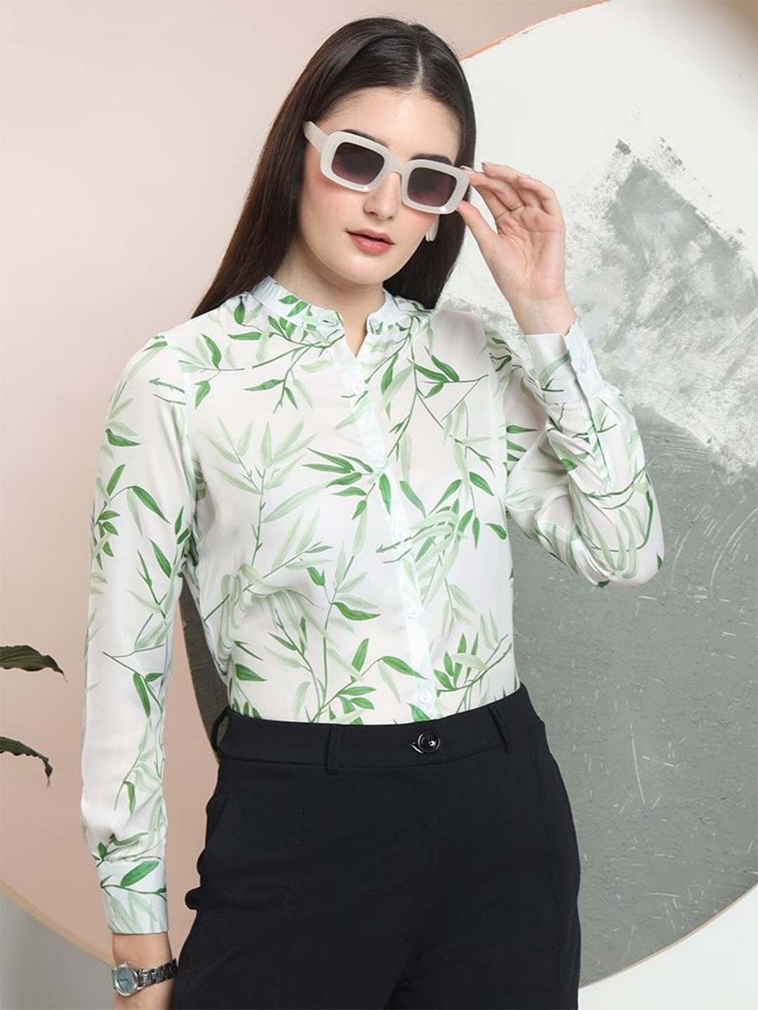 

All About You Formals Women Slim Fit Band Collar Floral Printed Satin Formal Shirt, Sea green