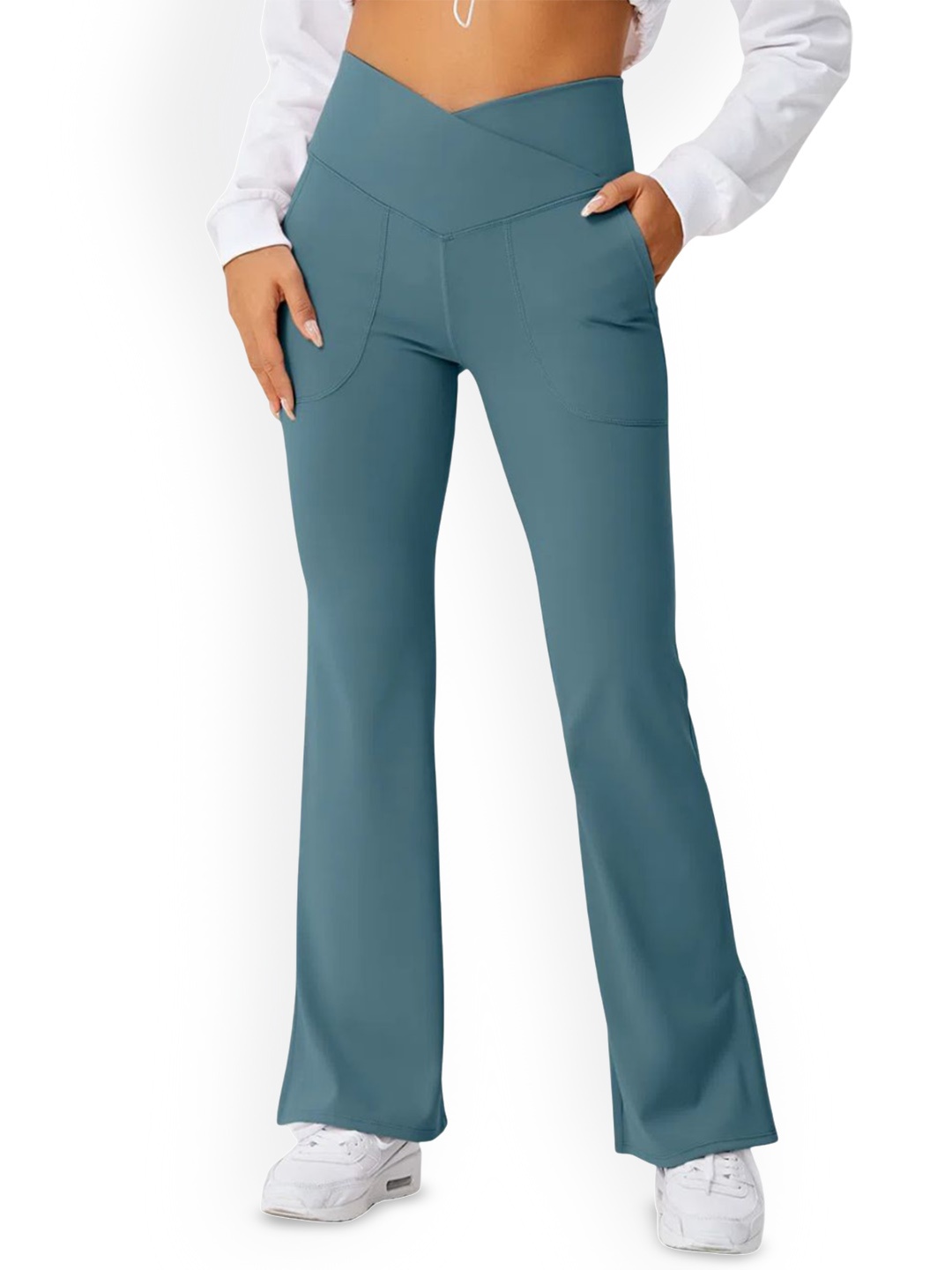

EVERDION Women High-Rise Flat-Front Slip-On Bootcut Trousers, Teal