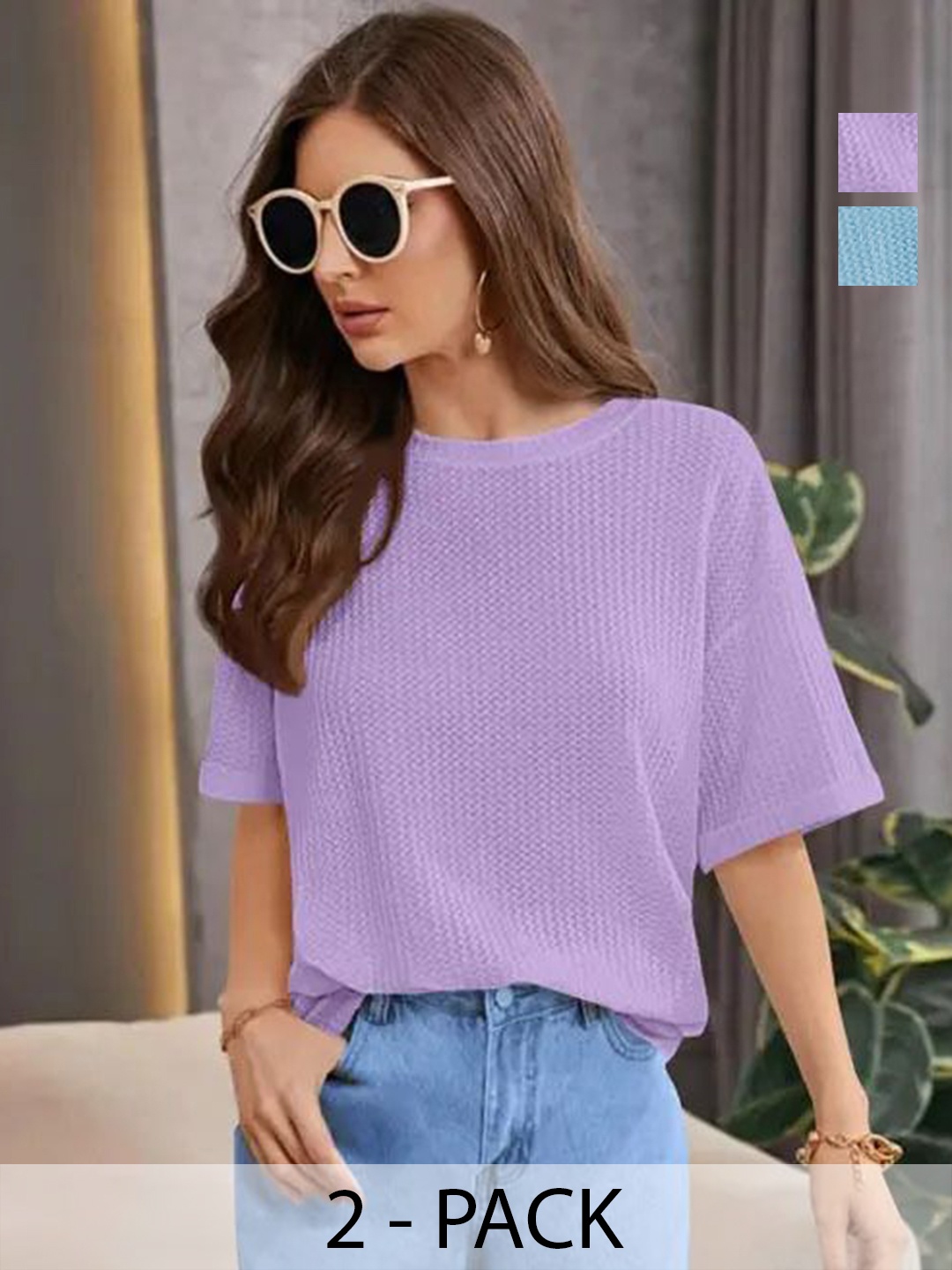 

SRISARAS Women Pack of 2 Self Design Round Neck Cotton Relaxed Fit T-shirts, Lavender