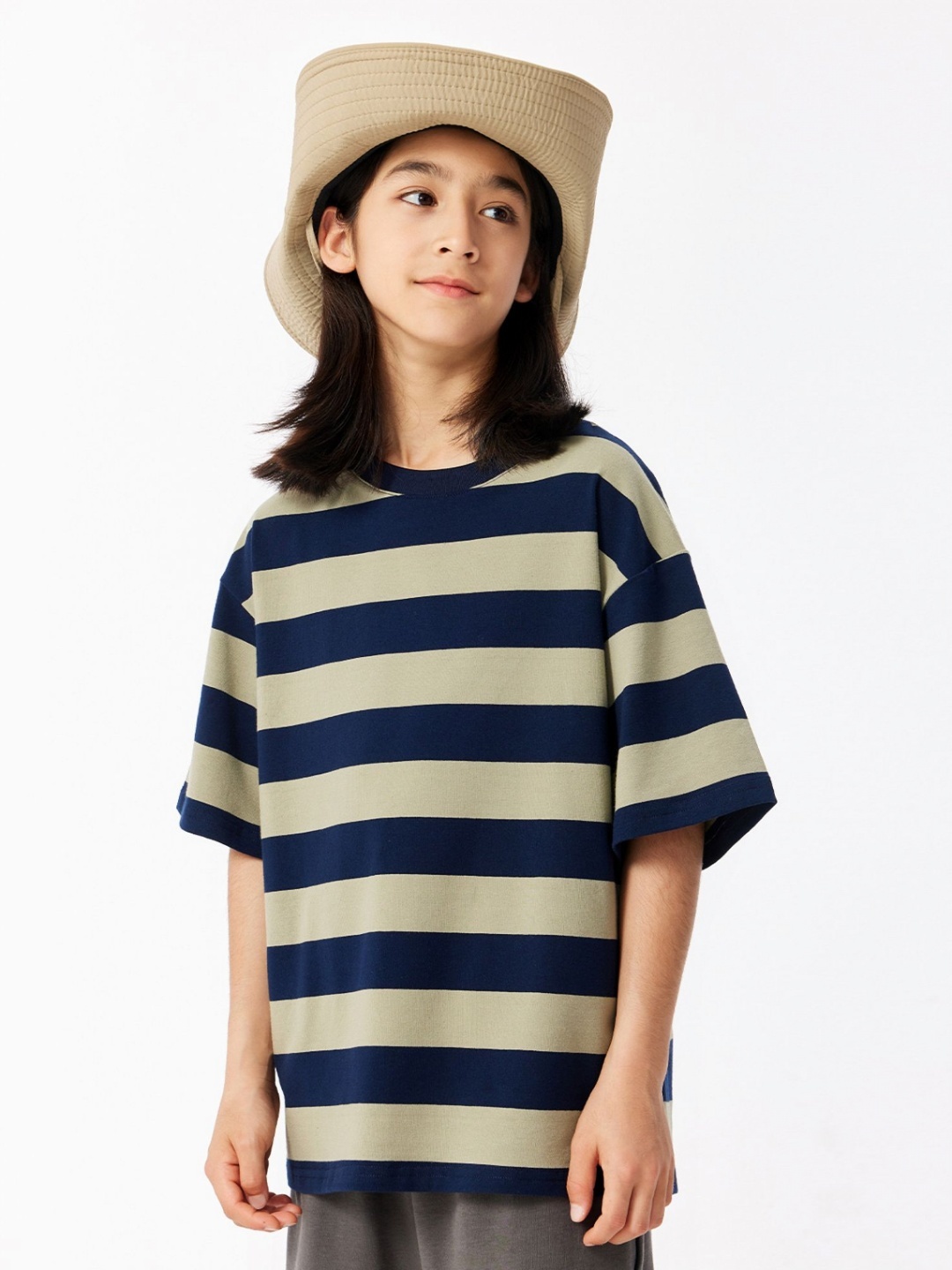 

LULU & SKY Girls Striped Round Neck Cotton Oversized T-shirt, Green