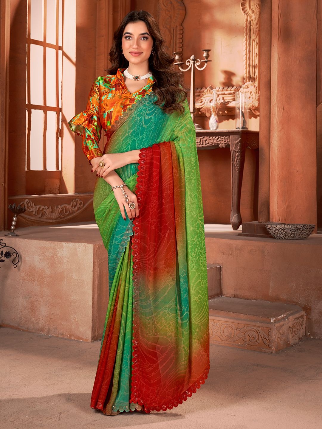 

DIVASTRI Beads and Stones Ombre Saree, Green