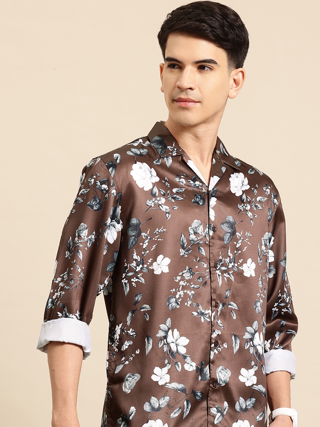 

Mast & Harbour Subtle Satin Floral Print Relaxed Shirt, Brown