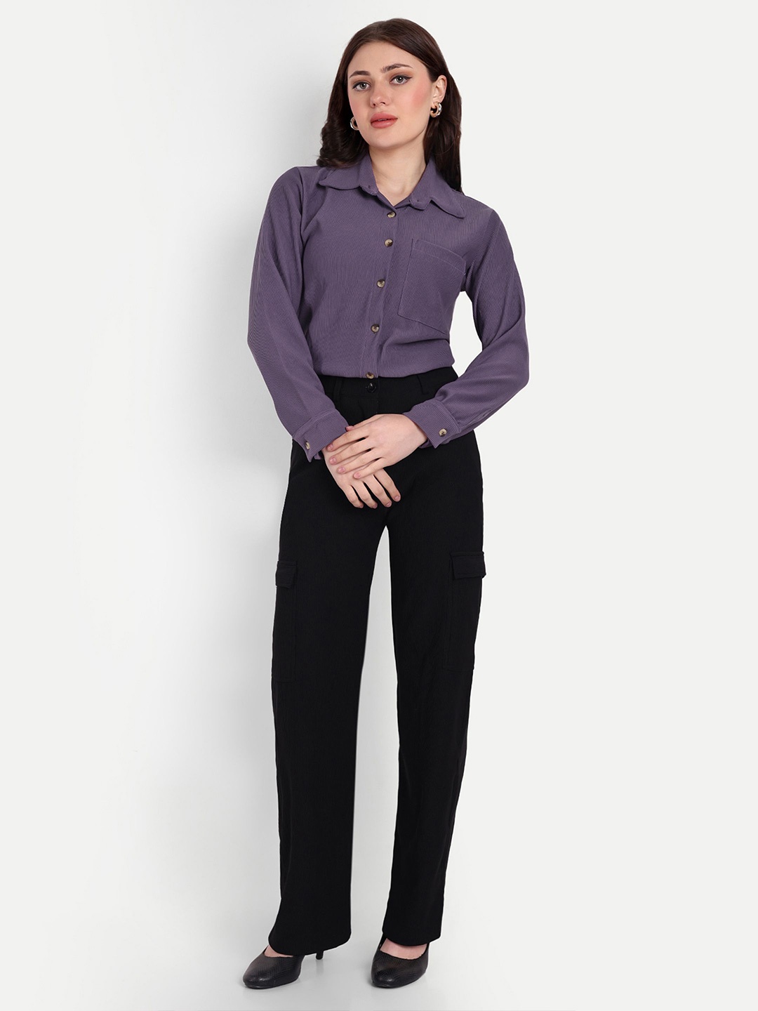 

FNOCKS Women Comfort Fit Cutaway Collar Vertical Striped Cotton Casual Shirt, Purple