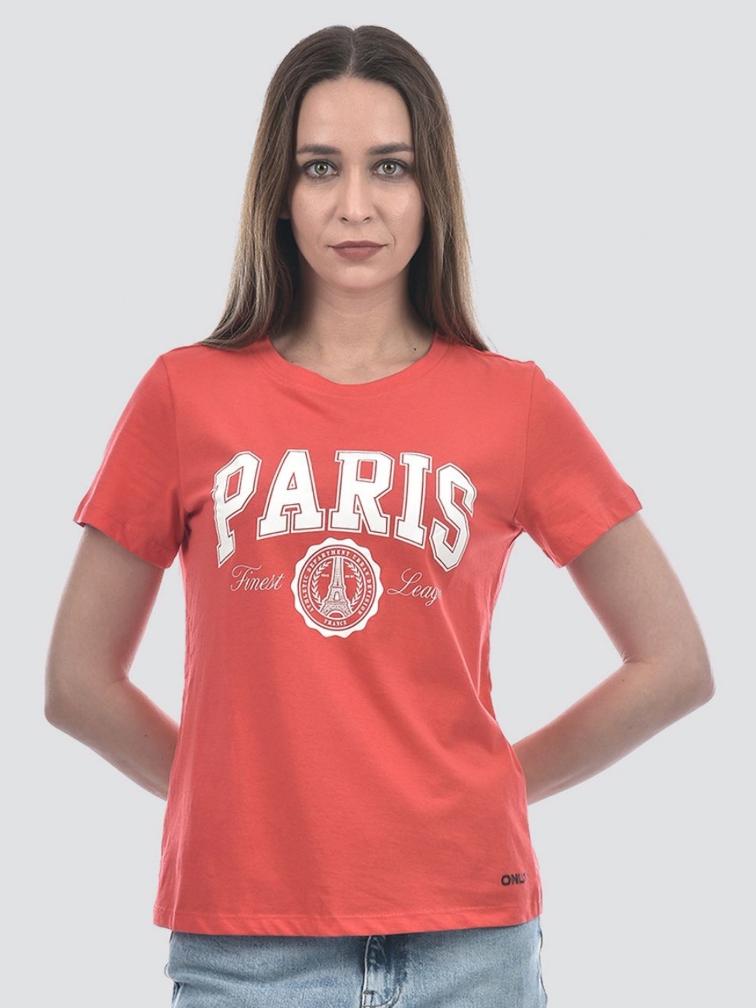 

ONLY Women Typography Printed Round Neck Cotton T-shirt, Peach