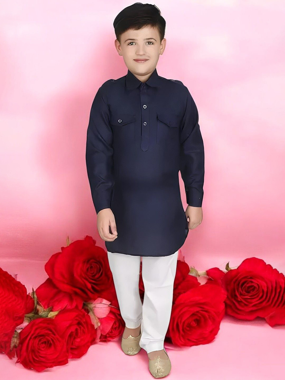 

Qtsy Boys Shirt Collar Pure Cotton Pathani Kurta With Pyjamas, Navy blue