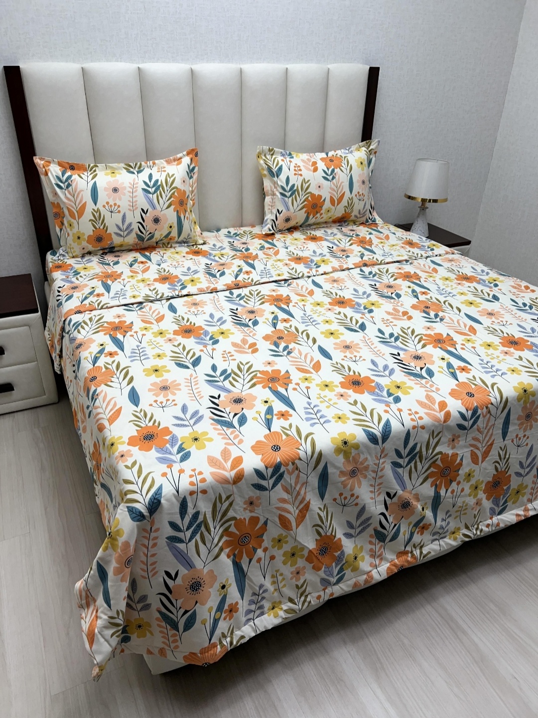 

Pure Decor White & Orange Floral Printed Fine Double King Size Bedding Set