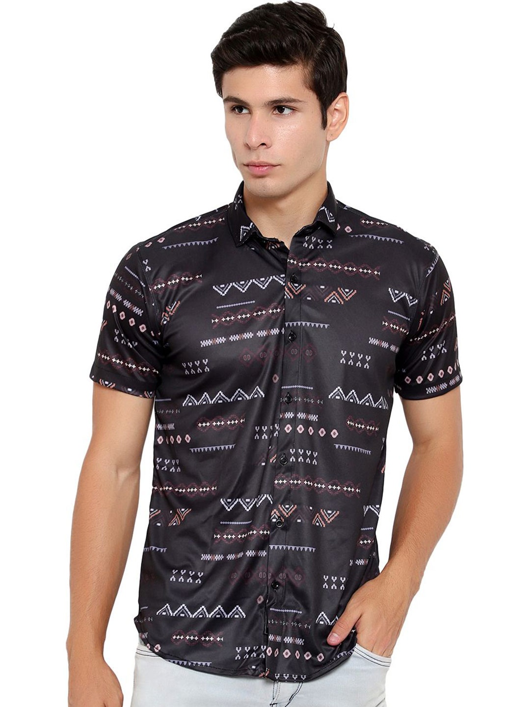 

iCome Men Spread Collar Geometric Printed Cotton Linen Casual Shirt, Black