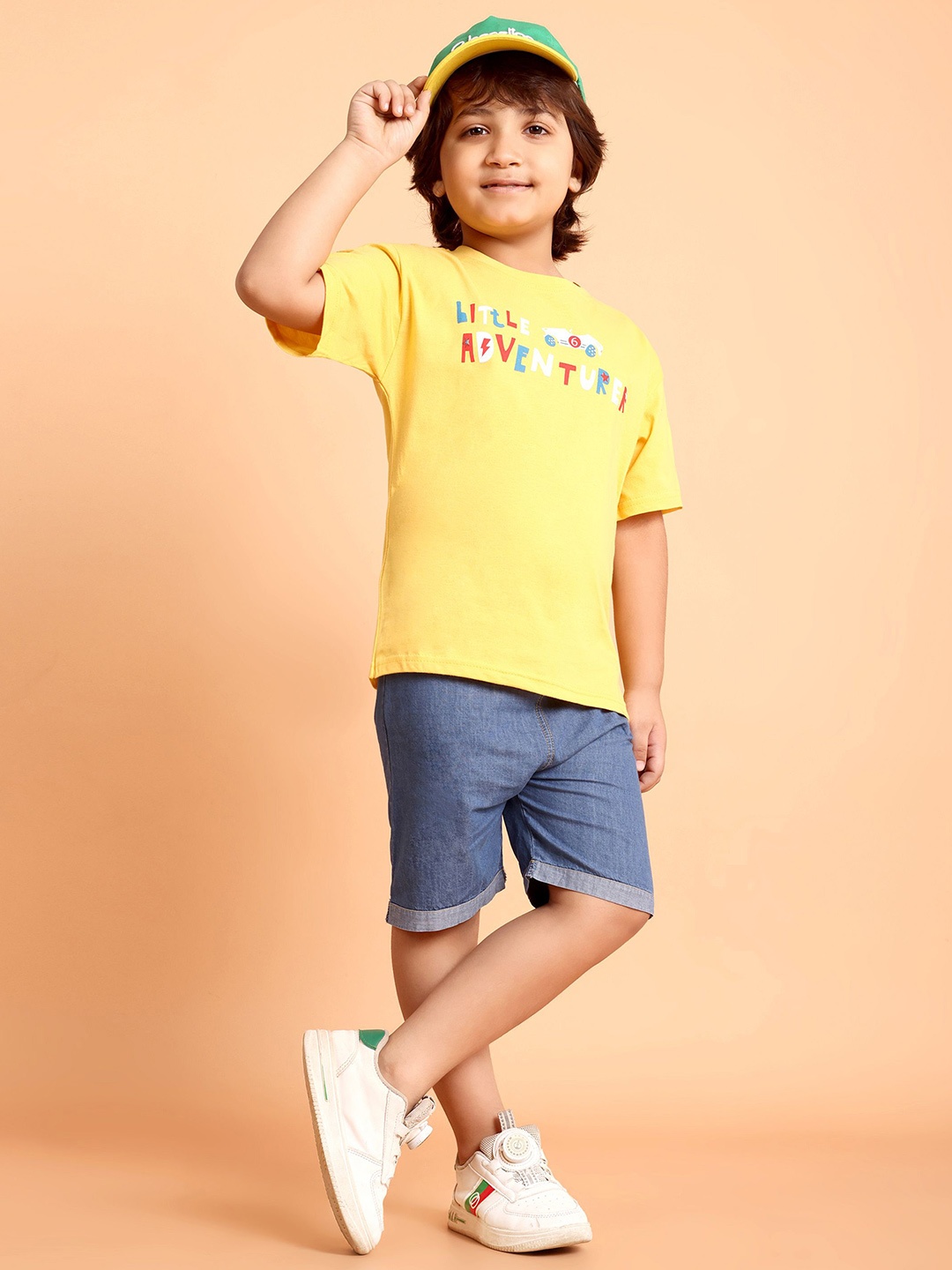 

HERE&NOW Boys Printed Round Neck Pure Cotton T-Shirt With Shorts, Yellow