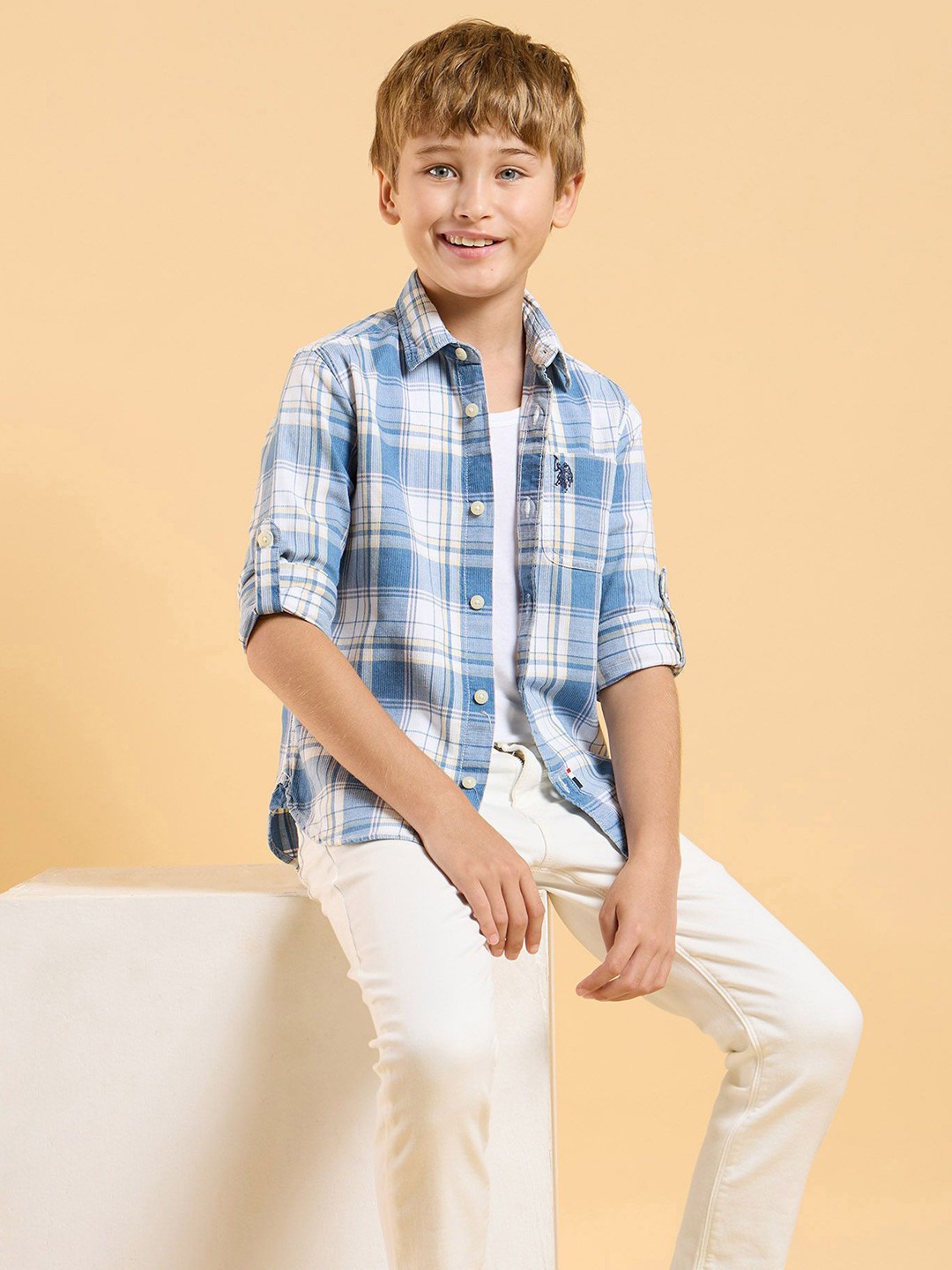 

U.S. Polo Assn. Kids Boys Classic Fit Spread Collar Tartan Checked Cotton Casual Shirt, Blue