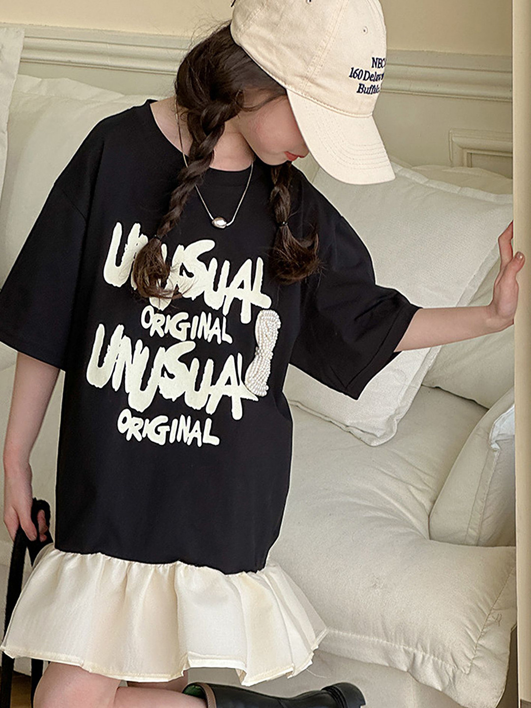 

LULU & SKY Girls Typography Printed Round Neck Cotton Oversized T-shirt, Black