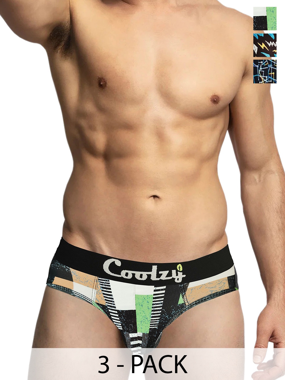 

COOLZY Pack Of 3 Printed Mid-Rise Basic Briefs RUCPBF3K064-S-Multicolor, Blue